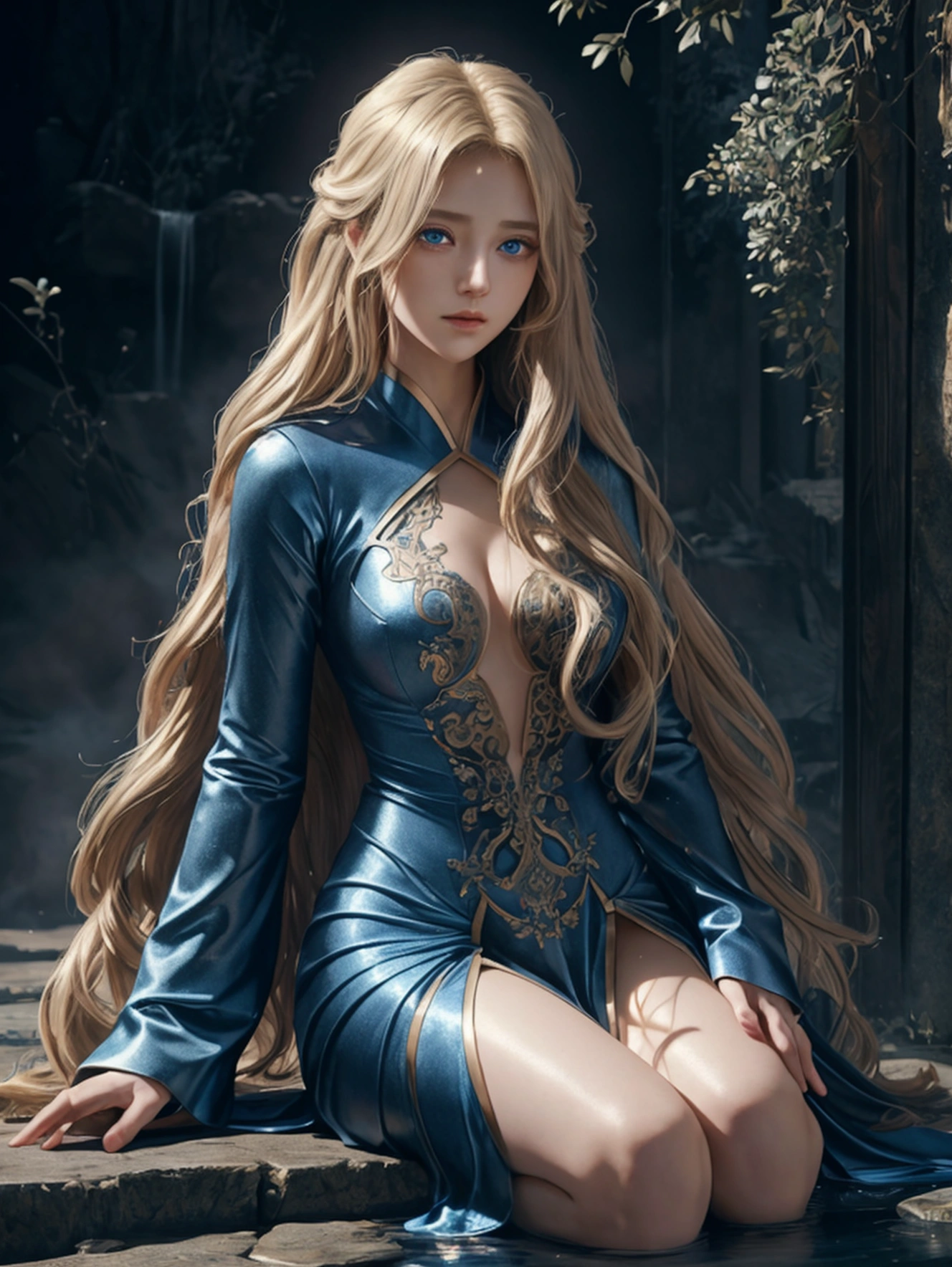 (best quality)), ((masterpiece)), (detailed)), ethereal beauty, (fantasy illustration: 1.3), enchanting gaze, captivating pose, straight blond hair, fabulously gorgeous dress showing off her shoulders , otherworldly charm, mystical starlit sky, (Luis Royo:1.2), moonlit night, soft colors, (detailed clouds:1.3), (high resolution:1.2)