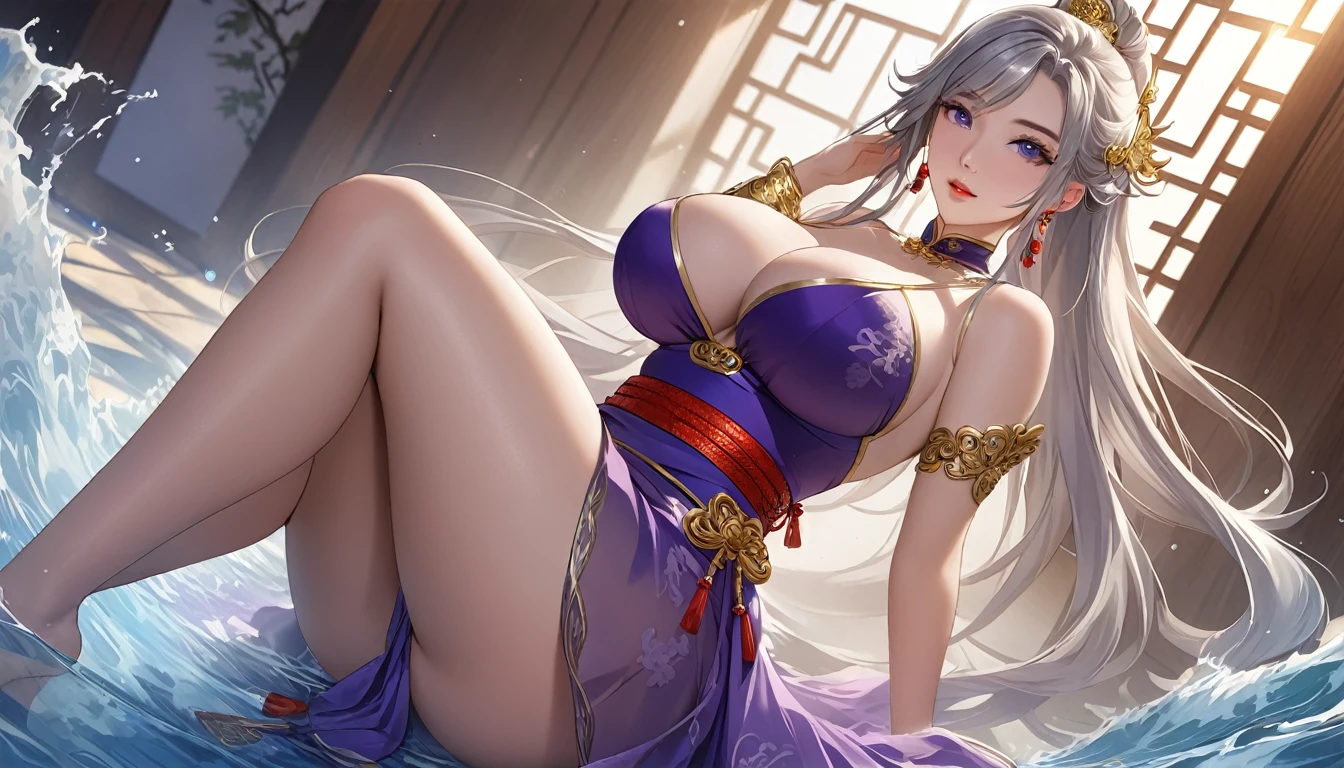 high quality,HD,16K,Sharp Line,1 Girl,fantasy, (Fire Spirits),Pretty Face, Large Breasts, Beautiful legs,In the water,Focus Girl,detailed Pretty Face,Detailed clothes,beautiful eyes,Cool,Sexy,Dynamic Angle,穿着华服的神明Strike a pose拍照, Ancient mysterious sexy goddess, Traditional beauty woman, Beautiful female warrior god of war , Beautiful sexy goddess, Gorgeous role-playing, high, Beautiful young girl, Beautiful woman, 华丽Beautiful woman, Complex clothing,Chinese Mystical Aesthetics, Beautiful goddess ancient mysterious girl, Extremely detailed shot of the goddess, Jaw-dropping sexy beauty, Big breasts deep neckline sexy belly button(butt), (bedroom), (Sexy Girls), masterpiece, best quality, Bangs, blush, Chest, clavicle, Eyebrows visible through hair, (Ombre gold hair), Jewelry, Long hair,Bright Eyes, ring, (solitary), illustration, fashionable, miss, Strike a pose, background, element, confident, Express, Accessories, majestic, striking, key point, Dynamic poses, ((plump)), (purple))Woman in transparent dress,Viewer,(((Full breasts, Keeley University))),Slim waist,(Navel exposed,Bare waist), Long hair, extreme detailed details, 详细的fantasy艺术, Stunning character art, Beautiful and exquisite character art, Beautiful transparent dress, Very detailed, Large Breasts,Chest,Golden ratio figure,Beautiful figure,Ultra wide-angle shooting,Full body shot拍摄,Body close-up,Full body shot,Wearing a pleated tulle skirt,柔和动漫illustration, 柔和的深色background,Fujifilm XT3 Clear focus, f 5.6, High Detail, Clear focus,(Wearing openwork clothing),, (Natural light), (Tempting)translucent, Good velvet quality, Compared, Divine Light,, Silver hair, 夜空background, Absolute Strength,Female Shinmei,穿着性感丝绸的Female Shinmei,,Large Breasts,Chest,Golden ratio figure,Beautiful figure,Ultra wide-angle shooting,Full body shot,Body close-up,Full body shot, Wearing a tulle dress, Model shooting style, Large Breasts,饱满Chest,Golden ratio figure,Beautiful figure,(Extremely detailed CG 8k wallpaper unit), The most beautiful artistic photos in the world, , 8K 超HD, ) ,Sexy姿态,Sexy表情,best quality,masterpiece,Ultra-high resolution,(Practical:1.4),original photo,Ultra-high resolution