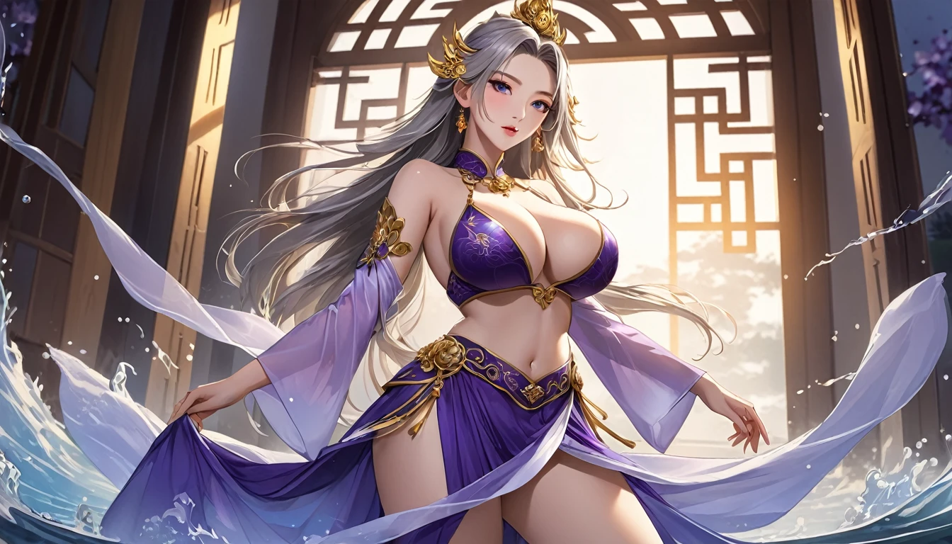 high quality,HD,16K,Sharp Line,1 Girl,fantasy, （Fire Spirits）,Pretty Face, Large Breasts, Beautiful legs,In the water,Focus Girl,detailed Pretty Face,Detailed clothes,beautiful eyes,Cool,Sexy,Dynamic Angle,穿着华服的神明Strike a pose拍照, Ancient mysterious sexy goddess, Traditional beauty woman, Beautiful female warrior god of war , Beautiful sexy goddess, Gorgeous role-playing, high, Beautiful young girl, Beautiful woman, 华丽Beautiful woman, Complex clothing,Chinese Mystical Aesthetics, Beautiful goddess ancient mysterious girl, Extremely detailed shot of the goddess, Jaw-dropping sexy beauty, Big breasts deep neckline sexy belly button（butt), (bedroom), (Sexy Girls), masterpiece, best quality, Bangs, blush, Chest, clavicle, Eyebrows visible through hair, (Ombre gold hair), Jewelry, Long hair,Bright Eyes, ring, (solitary), illustration, fashionable, miss, Strike a pose, background, element, confident, Express, Accessories, majestic, striking, key point, Dynamic poses, ((plump)), (purple))Woman in transparent dress,Viewer,(((Full breasts, Keeley University))),Slim waist,(Navel exposed,Bare waist), Long hair, extreme detailed details, 详细的fantasy艺术, Stunning character art, Beautiful and exquisite character art, Beautiful transparent dress, Very detailed, Large Breasts，Chest，Golden ratio figure，Beautiful figure，Ultra wide-angle shooting，Full body shot拍摄，Body close-up，Full body shot，Wearing a pleated tulle skirt，柔和动漫illustration, 柔和的深色background，Fujifilm XT3 Clear focus, f 5.6, High Detail, Clear focus,(Wearing openwork clothing),, (Natural light), (Tempting)translucent, Good velvet quality, Compared, Divine Light,, Silver hair, 夜空background, Absolute Strength,Female Shinmei，穿着性感丝绸的Female Shinmei,，Large Breasts，Chest，Golden ratio figure，Beautiful figure，Ultra wide-angle shooting，Full body shot，Body close-up，Full body shot， Wearing a tulle dress, Model shooting style, Large Breasts，饱满Chest，Golden ratio figure，Beautiful figure，(Extremely detailed CG 8k wallpaper unit), The most beautiful artistic photos in the world, , 8K 超HD, ) ，Sexy姿态，Sexy表情，best quality,masterpiece,Ultra-high resolution,(Practical:1.4),original photo,Ultra-high resolution