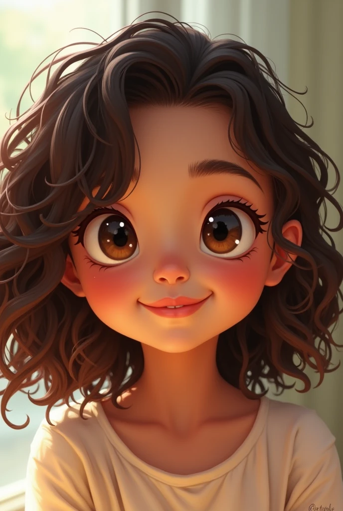 Draw a  girl with curly brown hair and brown eyes, light brown skin digitally 
