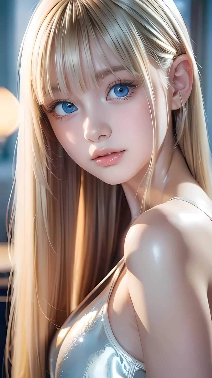 Portrait、front、Kiss、Very beautiful blonde hair、Bright Blue Eyes、Beautiful Girl、1 Nordic beauty、Shiny, super long, straight, silky hair、Beautiful natural platinum blonde、Very bright, large light blue eyes that shine beautifully、Double eyelids、Big eyes、Small Face Beauty、round face、Cheek gloss highlighter、Ample breasts、Very white and shiny skin、Glowing Skin、Mysterious blonde hair color that changes with the light、Long bangs obstruct the view、Sexy and very beautiful lovely cute gorgeous face、The most beautiful face in the world、smooth, straight hair、Shining light blue eyes、Beautiful bangs、Beautiful cute girl、disheveled bangs above the eyes,