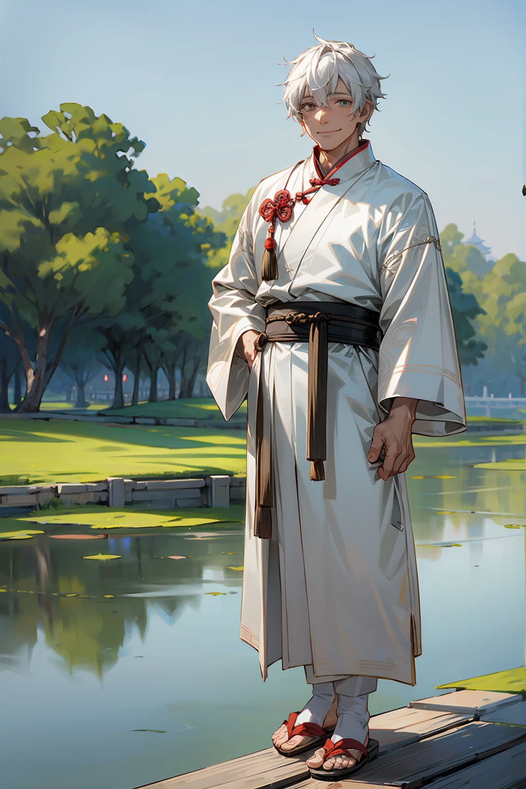 1male, Wrinkled Skin ,Old Male, Grey Colored Eyes, White Hair, Sandals, Smile, Chinese Outfit, Standing On Pond