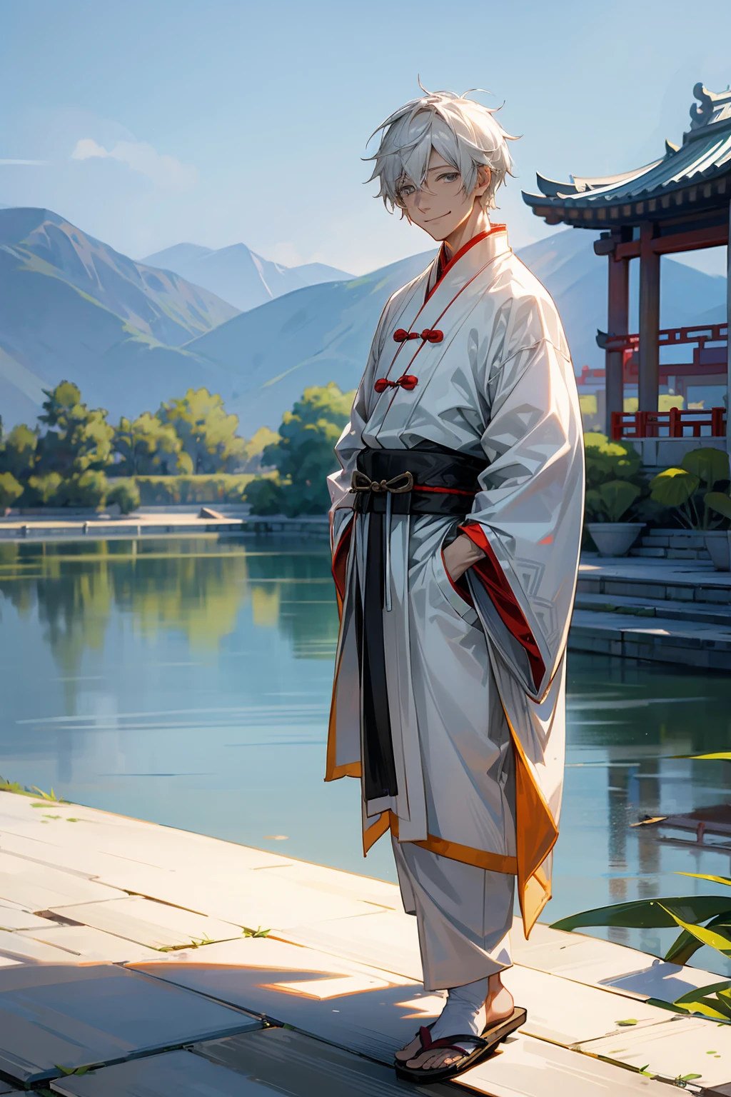 1male, Wrinkled Skin ,Old Male, Grey Colored Eyes, White Hair, Sandals, Smile, Chinese Outfit, Standing On Pond