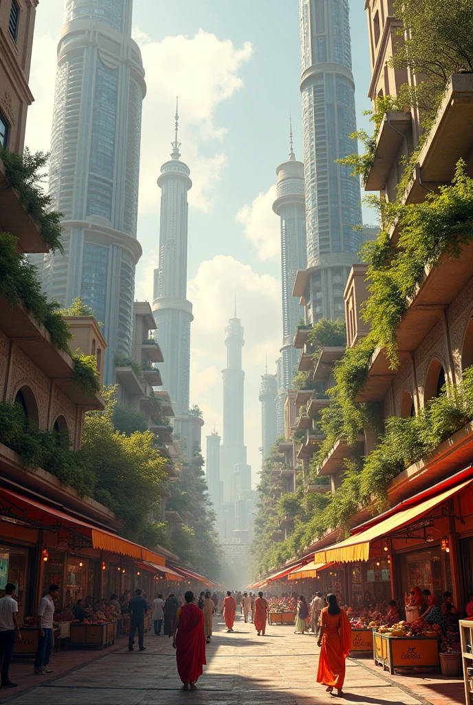 "A futuristic Indian cityscape, featuring towering skyscrapers with sustainable designs, integrated with greenery and vertical gardens. The skyline is a blend of modern architecture and traditional Indian motifs, like arches and carvings, showcasing a harmony between technology and cultural heritage. The streets are filled with advanced transportation, electric vehicles, and smart infrastructure, while vibrant marketplaces display colorful Indian textiles and art. The scene is bathed in warm, golden light, reflecting both the innovation and the rich cultural atmosphere of a modern yet traditional Indian city.
generate an image that is visually captivating and detailed, reflecting both the technological advancements and cultural essence of a future India