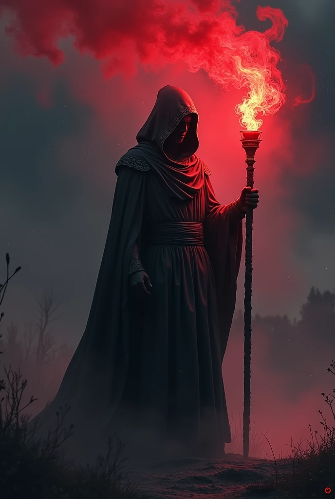 character with cape and mask with a staff releasing red smoke in the background at night