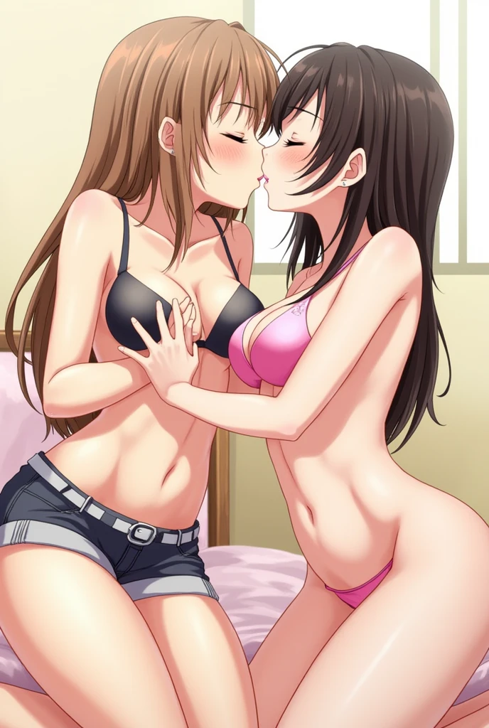 2 anime girls naked and kissing