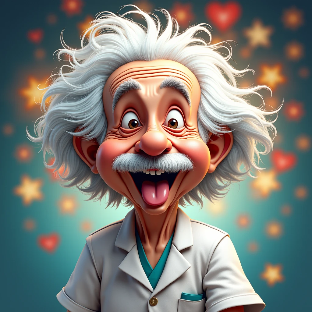 a caricature anime portrait of Albert Einstein with his tongue out wearing a nurse's uniform, highly detailed, hyperrealistic, sharp focus, 8k, best quality, photorealistic, dramatic lighting, vibrant colors, whimsical, quirky, creative, humorous, expressive facial features, exaggerated proportions, intricate details, dynamic composition
