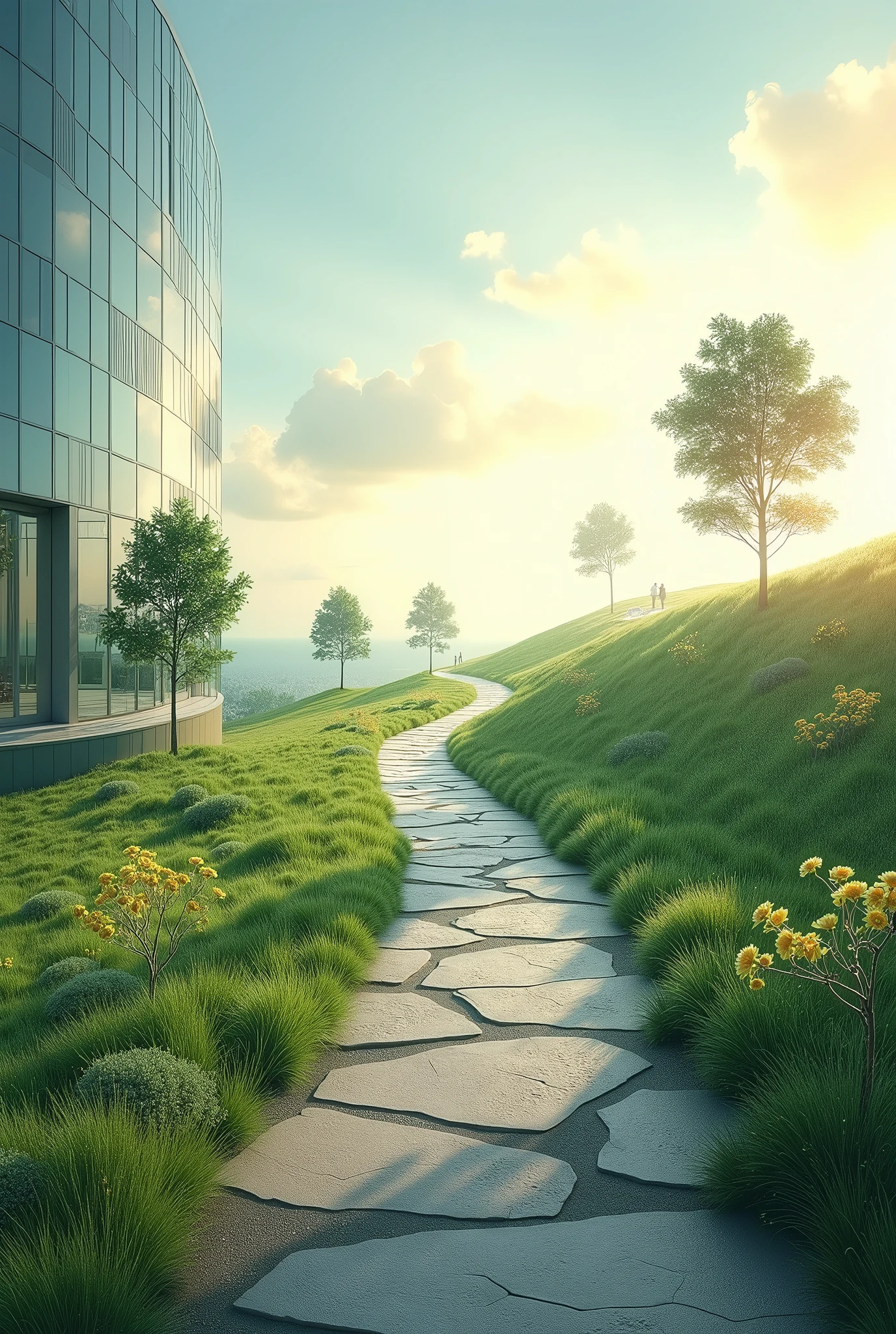 Create a realistic image that serves as a backdrop for a personal and professional development message. The scene should portray a harmonious environment at dawn, on a lush green hill with a stone path that gently winds towards a distant horizon. along the way, medium-sized trees and well-kept plants symbolize growth and continuous advancement. Small flowers in soft shades of yellow and blue are strategically placed along the path, representing achievements and accomplishments. No fundo, a modern glass building with elegant lines reflects the soft light of the rising sun, symbolizing aspirations and goals achieved. The sky should be a soft shade of light blue., with scattered clouds, creating an atmosphere of peace and balance, ideal for inspiring reflection on personal and professional progress.