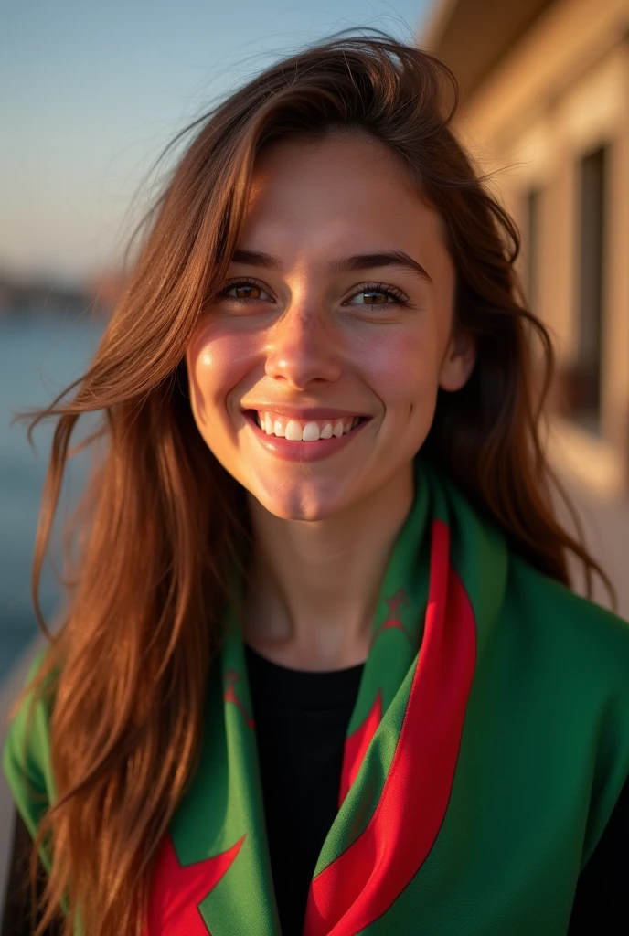 Young woman with long brown hair smiling brightly at the camera. She is wearing a black shirt. She is carrying the Algerian flag scarf on her shoulders. A very beautiful and wonderful background