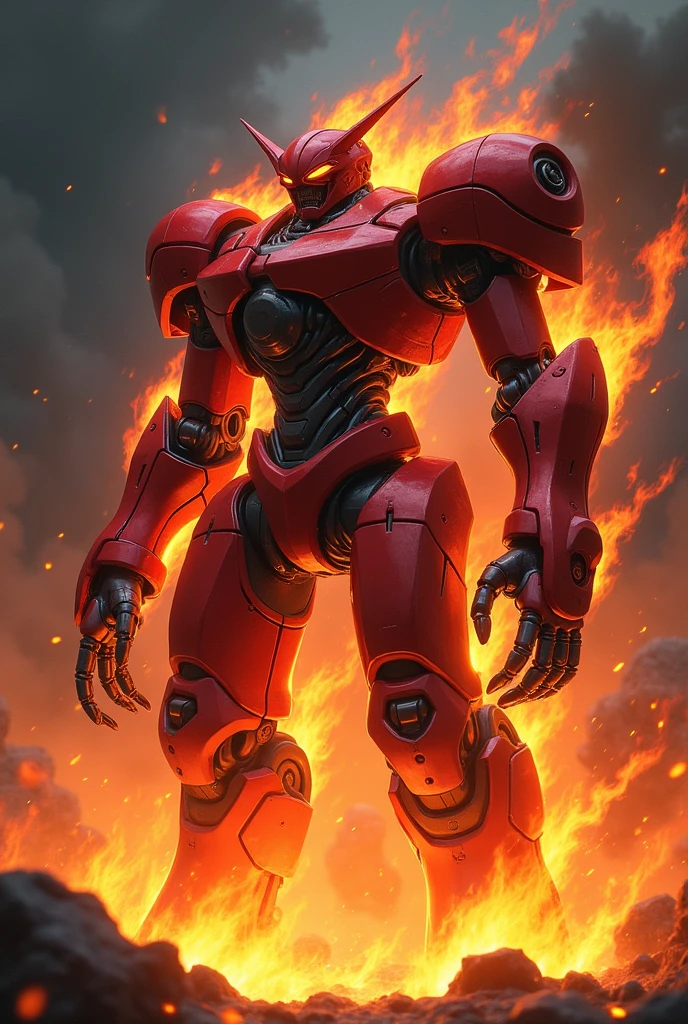 create me the image of the Red Baron (Reddo Baron?, lit. Red Baron), conocido como El Red Baron en Latinoamérica, It is an anime series created by Akio Sakai., so that the robot is realistic and is on fire