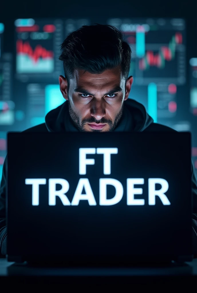 Create a YouTube channel logo with the official FT trader name Type of channel for financial market operations and with indicators model flux innovation with a trader with a bad face looking fixed on the screen of the best modern gamer PC and a prominent name FT trader on the PC screen with lights blended behind without showing the face
