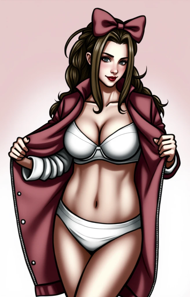 (masterpiece, best quality)), ((((perfect anatomy)))), Aerith Gainsborough from FF7, Caucasian woman with long brown braided hair, pink hair bow, dark eye-shadow, dark red lipstick, opening up pink dress, red jacket , (((white cotton panties))), white bra, smiling, (((realistic art style)))