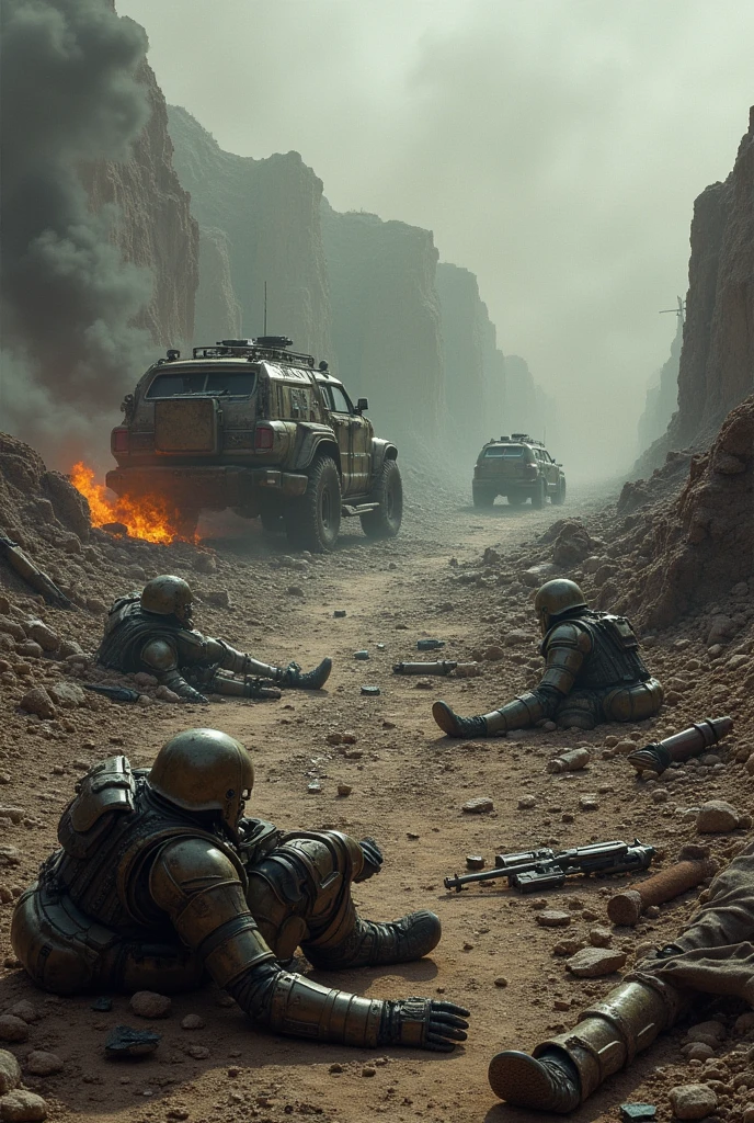 Create a highly realistic visual depiction of the aftermath of a deadly ambush on an Empire patrol unit in a futuristic dieselpunk setting. The scene shows the remains of the patrol, with destroyed vehicles and scattered equipment across a rugged, war-torn landscape. Smoke rises from the wreckage, and the area is littered with debris, twisted metal, and fallen soldiers. The atmosphere is grim and somber, with the remnants of the ambush clearly visible in the form of damaged armor, burned-out vehicles, and lifeless forms. The art style should focus on the realistic portrayal of the devastation, emphasizing the gritty, industrial aesthetics of the dieselpunk theme and the harsh realities of war.