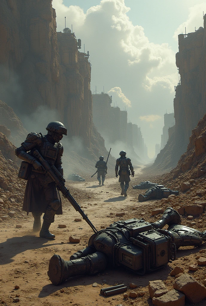 Create a highly realistic visual depiction of the aftermath of a deadly ambush on an Empire patrol unit in a futuristic dieselpunk setting. The scene shows the remains of the patrol, with destroyed vehicles and scattered equipment across a rugged, war-torn landscape. Smoke rises from the wreckage, and the area is littered with debris, twisted metal, and fallen soldiers. The atmosphere is grim and somber, with the remnants of the ambush clearly visible in the form of damaged armor, burned-out vehicles, and lifeless forms. The art style should focus on the realistic portrayal of the devastation, emphasizing the gritty, industrial aesthetics of the dieselpunk theme and the harsh realities of war.