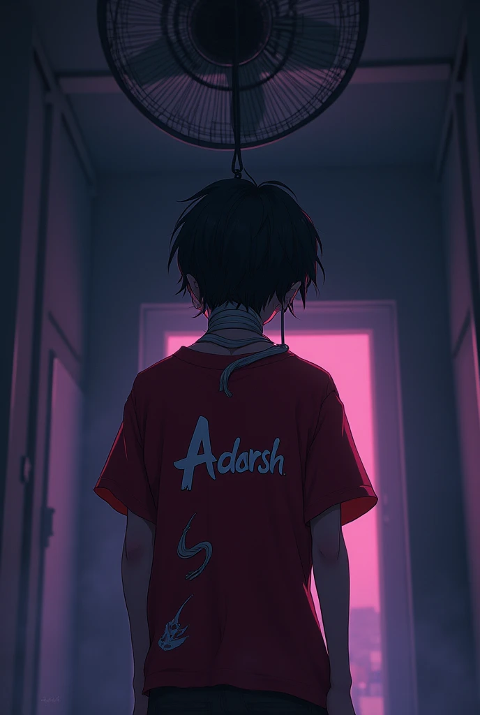 A 20 year old anime, hair blonde, wolf's ears, wearing a damaged black t-shirt, with ADARSH written on it, hanging himself from about 6 feet. From the floor to the fan with the help of a rope in a dark, closed room with little violet and weak pink light, rear view.