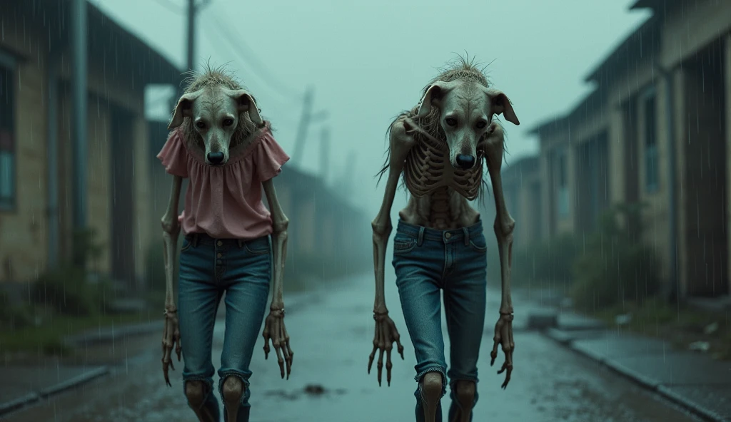 two bony white dog crying, dressed in a pink blouse and jeans, walking alone in the rain