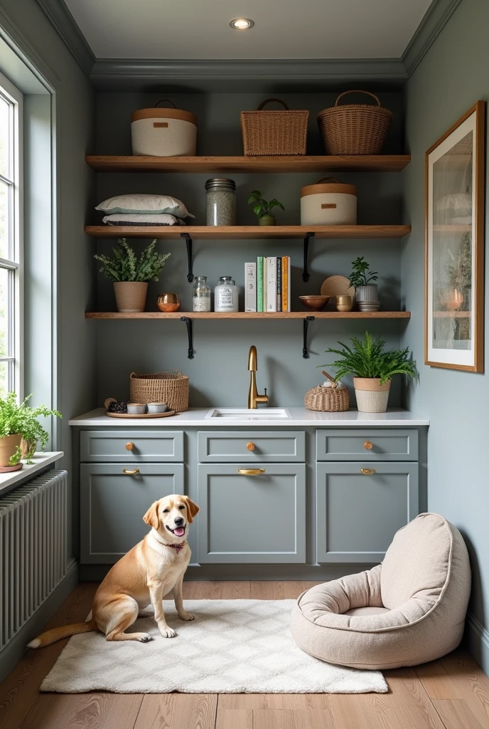 Make a gray themed dog supply room for a house with windows and plants