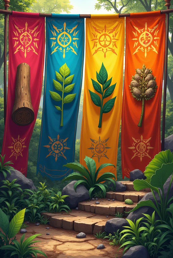 Simple heraldic banners in red colors, cerulean, yellow, Orange and Pink, each with the following symbols: wooden log, Amazon tree, sting pau, seeds/seedlings and soil
