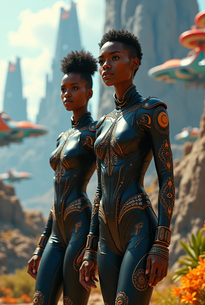 Futuristic African city. Futuristic African Black man and woman. High tech gear. Ultra high quality.