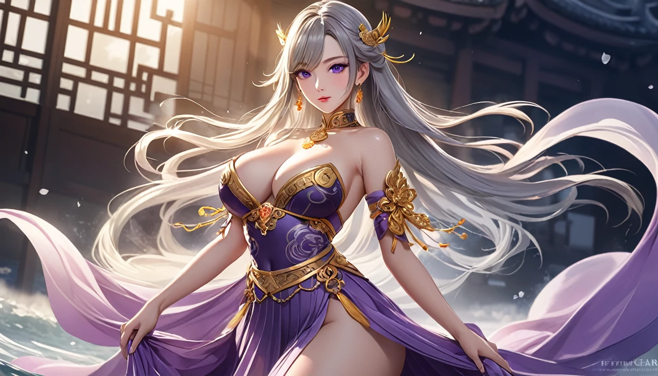 high quality,HD,16K,Sharp Line,1 Girl,fantasy, （Fire Spirits）,Pretty Face, Large Breasts, Beautiful legs,In the water,Focus Girl,detailed Pretty Face,Detailed clothes,beautiful eyes,Cool,Sexy,Dynamic Angle,穿着华服的神明Strike a pose拍照, Ancient mysterious sexy goddess, Traditional beauty woman, Beautiful female warrior god of war , Beautiful sexy goddess, Gorgeous role-playing, high, Beautiful young girl, Beautiful woman, 华丽Beautiful woman, Complex clothing,Chinese Mystical Aesthetics, Beautiful goddess ancient mysterious girl, Extremely detailed shot of the goddess, Jaw-dropping sexy beauty, Big breasts deep neckline sexy belly button（butt), (bedroom), (Sexy Girls), masterpiece, best quality, Bangs, blush, Chest, clavicle, Eyebrows visible through hair, (Ombre gold hair), Jewelry, Long hair,Bright Eyes, ring, (solitary), illustration, fashionable, miss, Strike a pose, background, element, confident, Express, Accessories, majestic, striking, key point, Dynamic poses, ((plump)), (purple))Woman in transparent dress,Viewer,(((Full breasts, Keeley University))),Slim waist,(Navel exposed,Bare waist), Long hair, extreme detailed details, 详细的fantasy艺术, Stunning character art, Beautiful and exquisite character art, Beautiful transparent dress, Very detailed, Large Breasts，Chest，Golden ratio figure，Beautiful figure，Ultra wide-angle shooting，Full body shot拍摄，Body close-up，Full body shot，Wearing a pleated tulle skirt，柔和动漫illustration, 柔和的深色background，Fujifilm XT3 Clear focus, f 5.6, High Detail, Clear focus,(Wearing openwork clothing),, (Natural light), (Tempting)translucent, Good velvet quality, Compared, Divine Light,, Silver hair, 夜空background, Absolute Strength,Female Shinmei，穿着性感丝绸的Female Shinmei,，Large Breasts，Chest，Golden ratio figure，Beautiful figure，Ultra wide-angle shooting，Full body shot，Body close-up，Full body shot， Wearing a tulle dress, Model shooting style, Large Breasts，饱满Chest，Golden ratio figure，Beautiful figure，(Extremely detailed CG 8k wallpaper unit), The most beautiful artistic photos in the world, , 8K 超HD, ) ，Sexy姿态，Sexy表情，best quality,masterpiece,Ultra-high resolution,(Practical:1.4),original photo,Ultra-high resolution