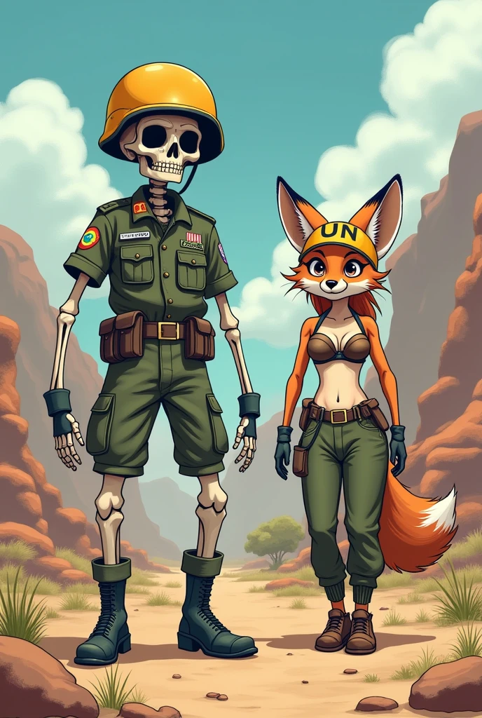 Brazilian skeleton soldier with UN helmet, with the company of a furry fox in a bra and sweatpants with a UN helmet on a mission in the caatinga in a cute sensual anime drawing.