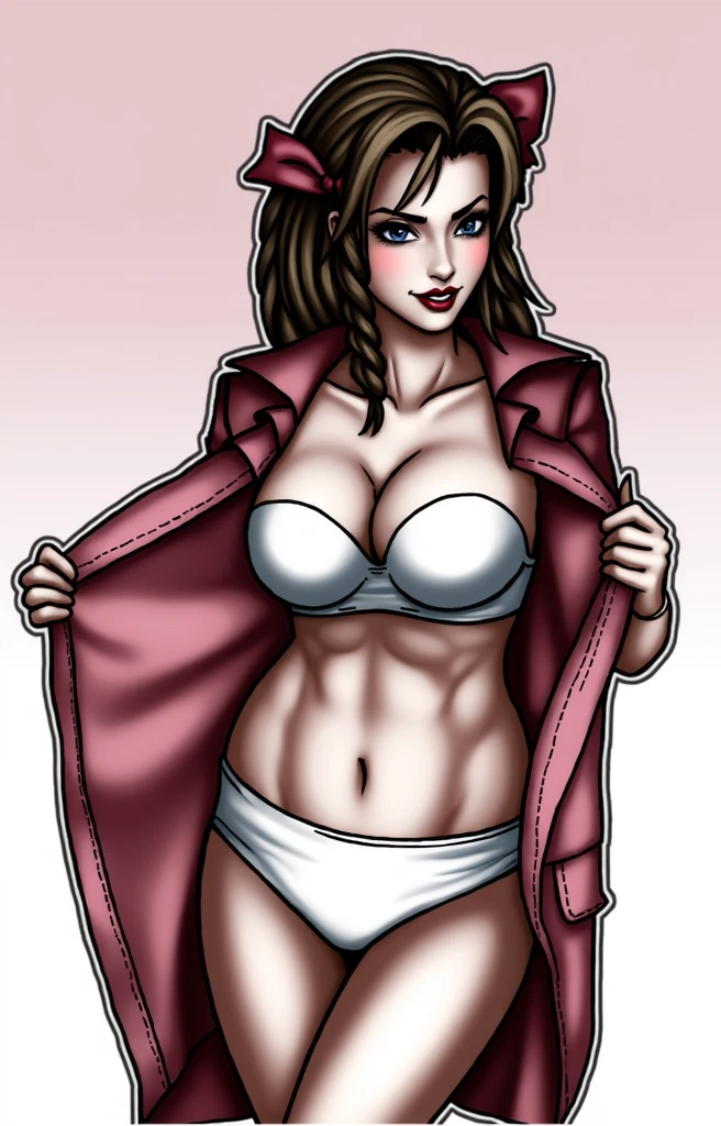 (masterpiece, best quality)), ((((perfect anatomy)))), Aerith Gainsborough from FF7, Caucasian woman with long brown braided hair, pink hair bow, dark eye-shadow, dark red lipstick, opening up pink dress, red jacket , (((white cotton panties))), white bra, smiling, (((photo realistic)))
