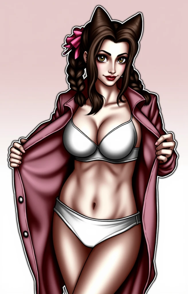 (masterpiece, best quality)), ((((perfect anatomy)))), Aerith Gainsborough from FF7, Caucasian woman with long brown braided hair, pink hair bow, dark eye-shadow, dark red lipstick, opening up pink dress, red jacket , (((white cotton panties))), white bra, smiling, (((photo realistic)))