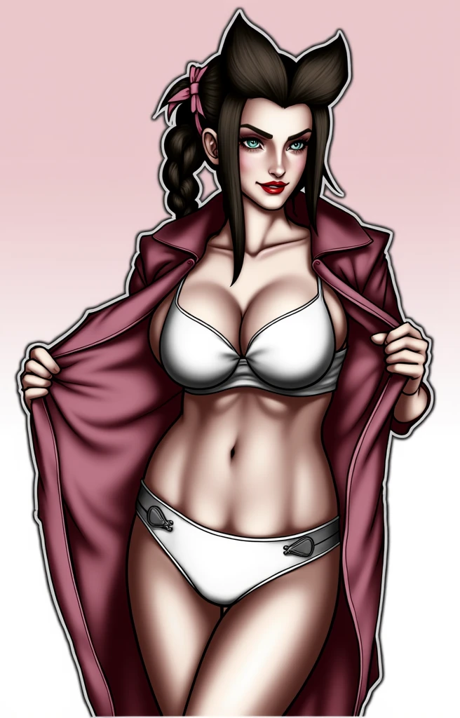 ((masterpiece, best quality)), ((39 year old)), (((Curvy))), ((Unohana from Bleach)), ((Japanese woman with long black braided hair)), ((pink cotton high cut panties)), pink bra, white kimono, Blue eyes, (((photo realistic))), ((90's film, 90's movie scene, 90's TV Style))