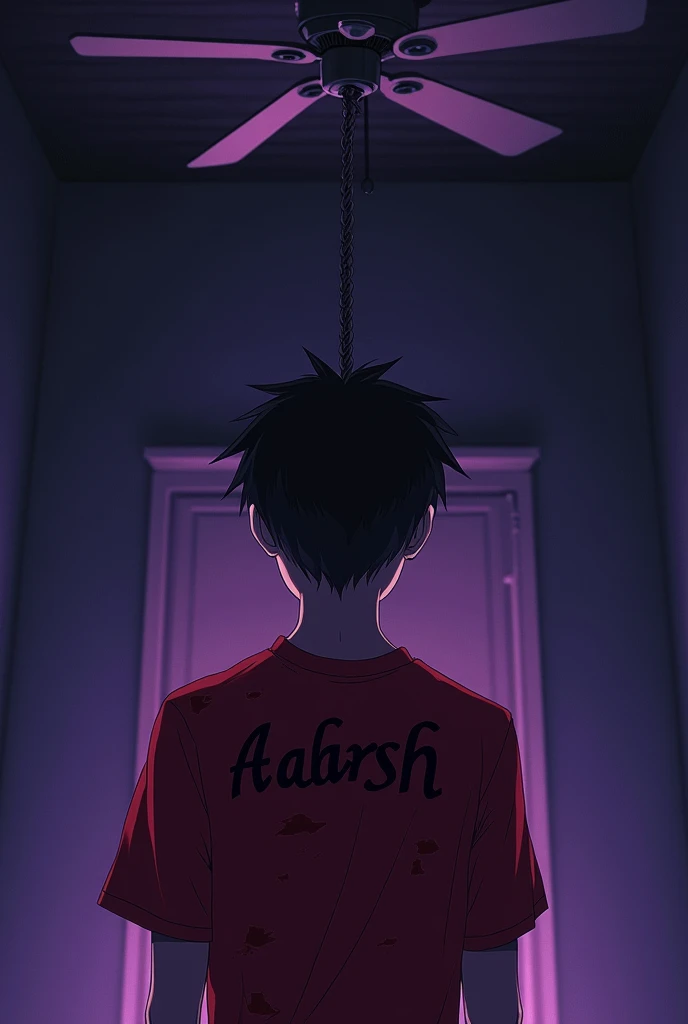 A 20 year old anime boy wearing a red damages stylish tshirt, with ADARSH written over it, hanging himself up about 6 ft. From the ground on the fan with the help of rope, having a round of the rope in his neck, having a closed eye in a dark closed room with little dim violet and pink light, 'back view'.