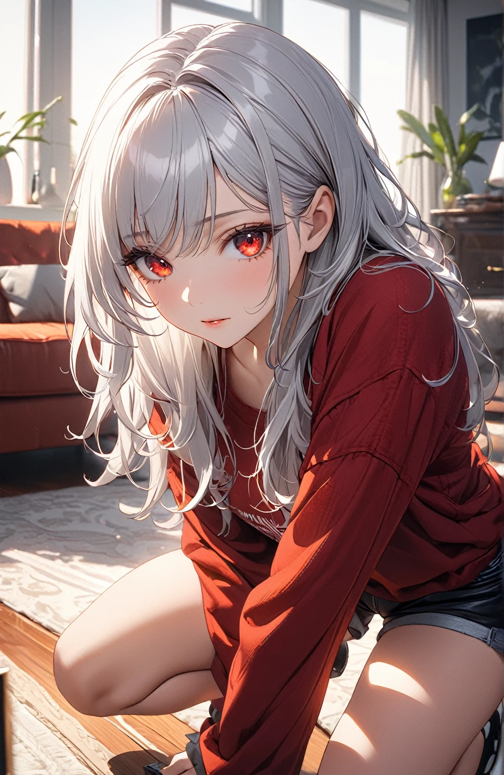 Ultra high resolution, rich colors, perfect image, best quality, detailed image, beautiful single woman, glowing skin, skin and clothing texture, delicate eyes, morning, living room, crouching, shirt, shorts, long silver hair, red eyes