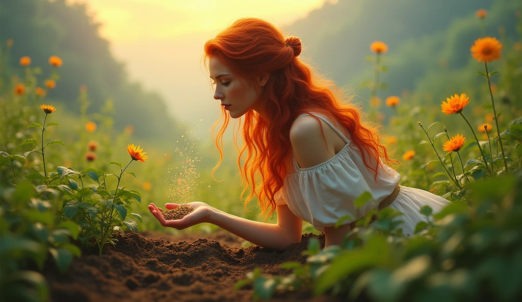 A beautiful red hair woman planting seeds of ideas in a fertile field of the mind
