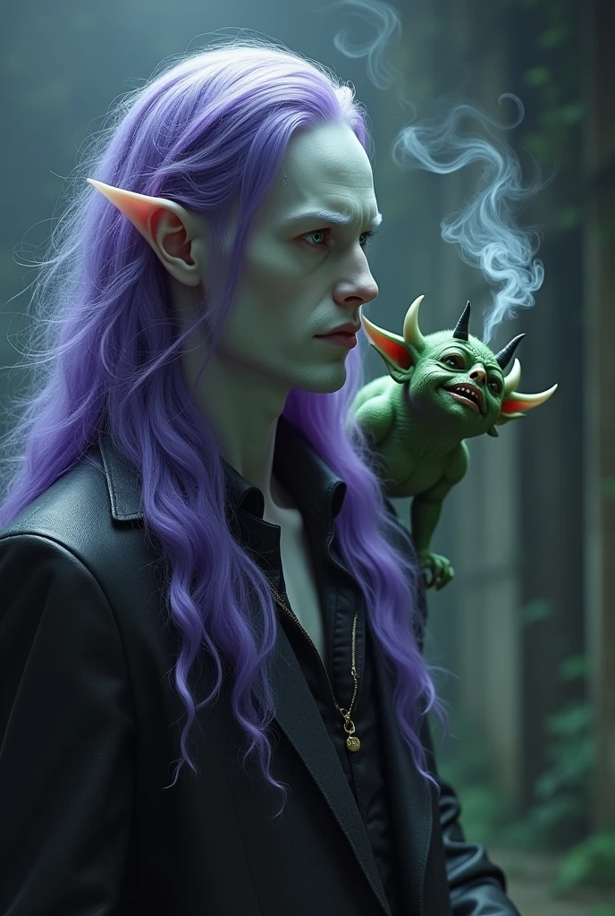 an albino with long purple hair with a little green devil sitting on his shoulder. the devil is smoking a pipe and the shape of the smoke forms the words: resentment