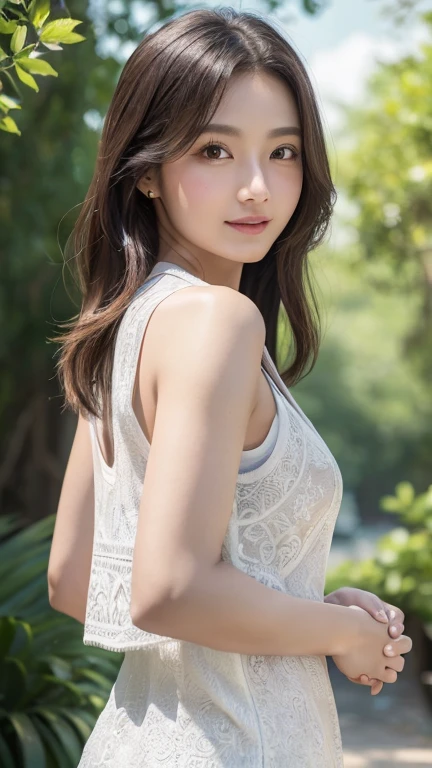 An innocent 20-year-old girl、((White vest, Dramatic Pose)),smile,Shortcuts,nature Park、Original photo, (8k、Highest quality、masterpiece:1.2)、(Intricate details:1.4)、(realism:1.4)、Octane Rendering、Ultra-detailed and intricate 3D rendering, Studio Soft Light, Edge Light, Vivid details, Very detailed, Realistic skin texture, Detailed face, Beautiful details in the eyes, Very detailed CG Unity 16k 壁紙, cosmetics, (Detailed Background:1.2), Glowing Skin, whole body、Cleavage,((Stand with hands clasped behind one&#39;s back、Leaning forward、Top view))
