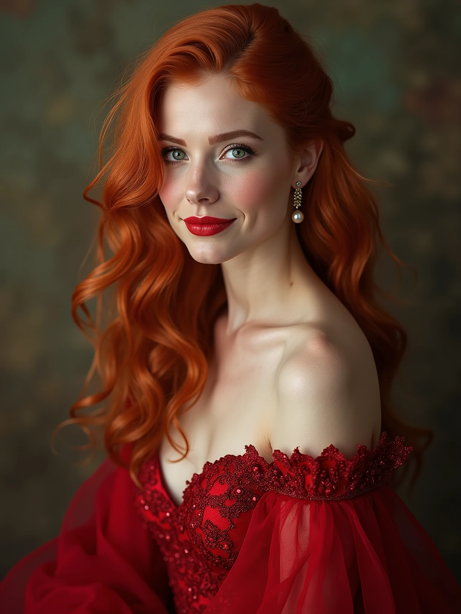 beautiful redhead of 2 in a beautiful red evening dress , real photo
