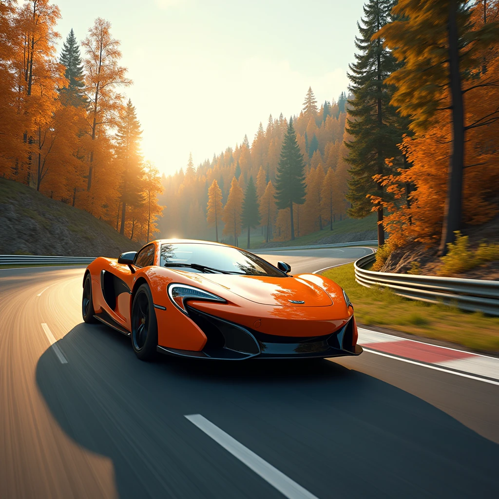 Race track, orange sports car driving on the road, Bright sun, the forest((8 K, RAW photo, top quality, masterpiece), Highly detailed color photography in RAW format., Professional photography, (realistic, фотоRealism:1. 37), (top quality), (best shadow), (best illustration), Realism, ultra high resolution, highly detailed CG wallpaper unified 8 K, Physics-based rendering)