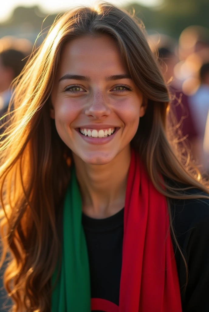 Young woman with long brown hair smiling brightly at the camera. She is wearing a black shirt. She is carrying the Algerian flag scarf on her shoulders. A very beautiful and wonderful background