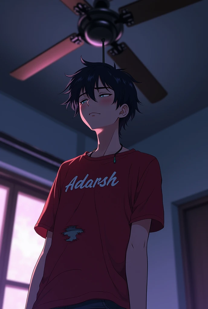 A 20 year old anime boy wearing a red damages stylish tshirt, with ADARSH written over it, hanging himself up about 6 ft. From the ground on the ceiling fan with the help of rope, having a round of the rope in his neck, having a closed eye in a dark closed room with little dim violet and pink light, 'back view'.
