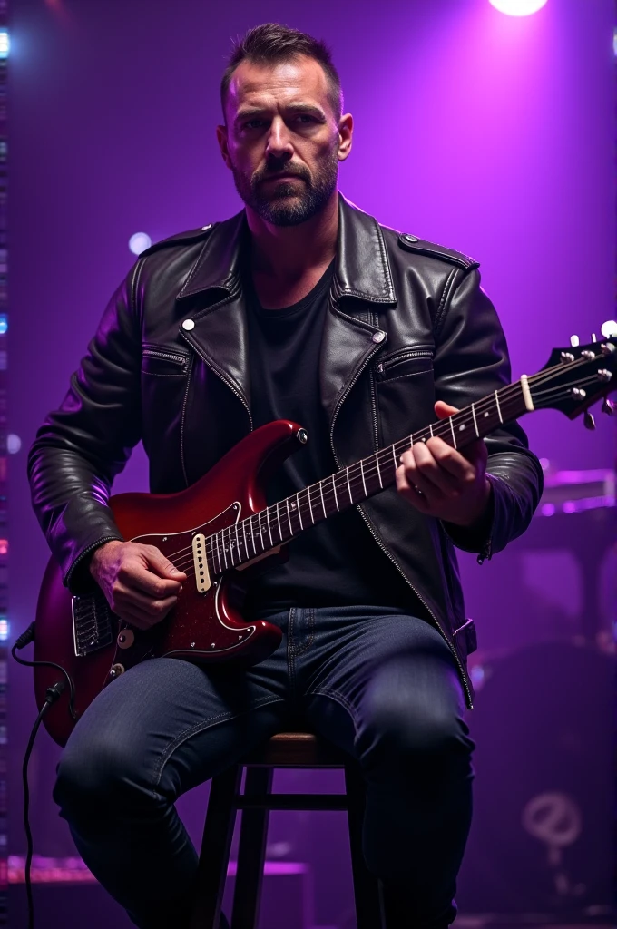 Realistic photos, handsome man 40 years strong physique and perfect body, crew cut hair, wearing leather jacket and jeans, playing guitar on a stool on the stage, purple spotlight on the background, night party atmosphere