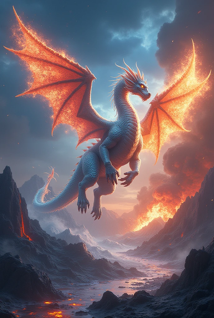Un dragon avec des ailes de phénix. Renaissant d'un feu de glace. Univers destructeur, volcan de feu et de glace. Nuit étincelante. Explosions. Tremblement de terre. Coulé de lave glacé.