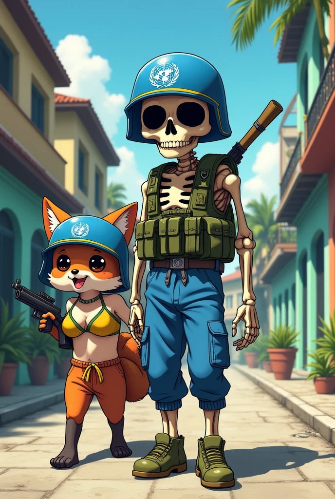 Brazilian skeleton soldier with UN helmet, with the company of a furry fox in a bra and sweatpants with a UN helmet on a peace mission in the devastated city of Venezuela in a cute sensual anime drawing.