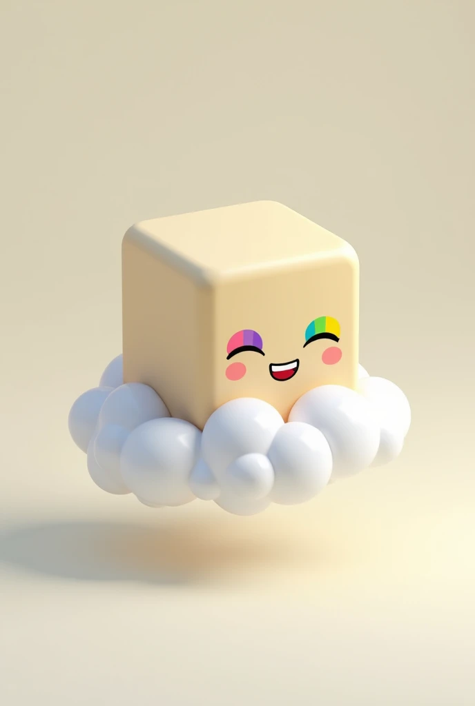 Cube with two rainbow shaped eyes and happy little mouth and cloud under the cube