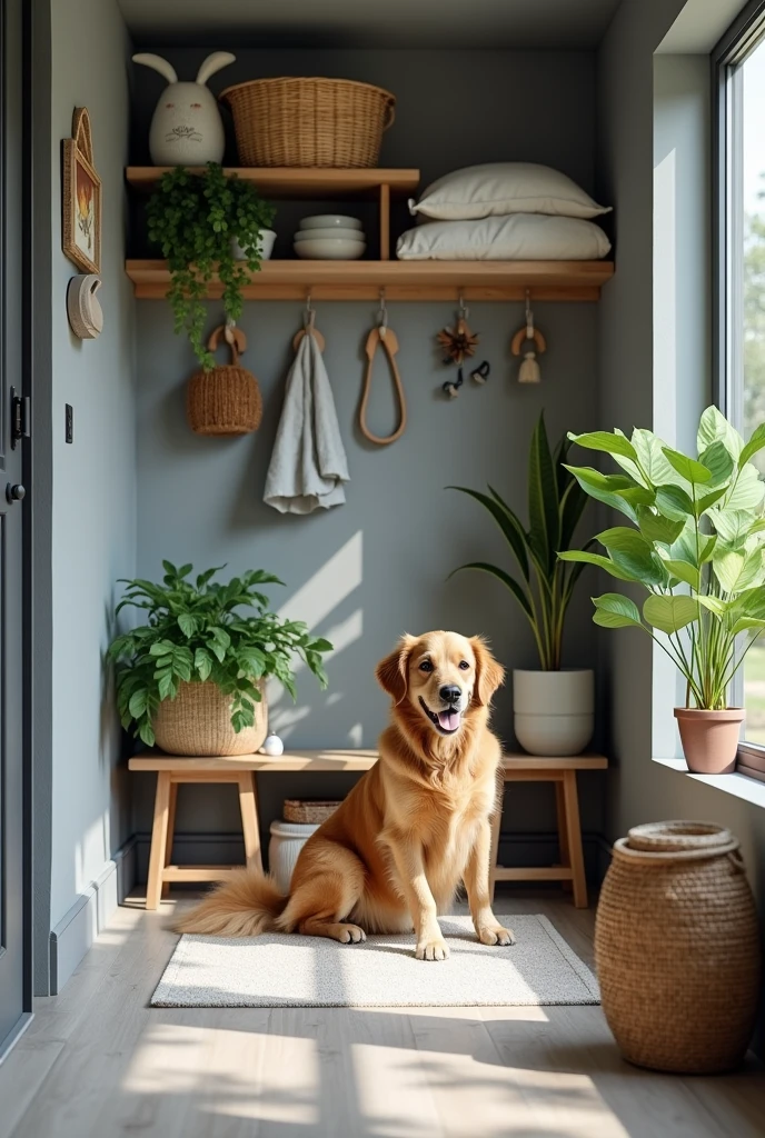 Make a gray themed dog supply room for a house with windows and plants for a small golden retriever 