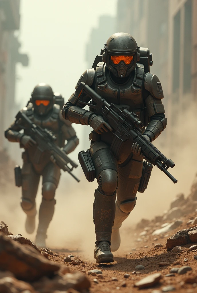 Create a highly realistic visual depiction of the Empire's Special Forces advancing after an ambush in a futuristic dieselpunk setting. The Special Forces operatives are shown moving with precision and determination through a war-torn environment, wearing advanced combat gear with rugged, industrial designs. The scene is tense and dynamic, with the operatives advancing carefully, weapons at the ready, through smoke and debris. The background features the remnants of the ambush, with destroyed vehicles and scattered equipment. The art style should emphasize the intense action and gritty realism of the moment, showcasing the strength and skill of the Special Forces in the dieselpunk-inspired world.