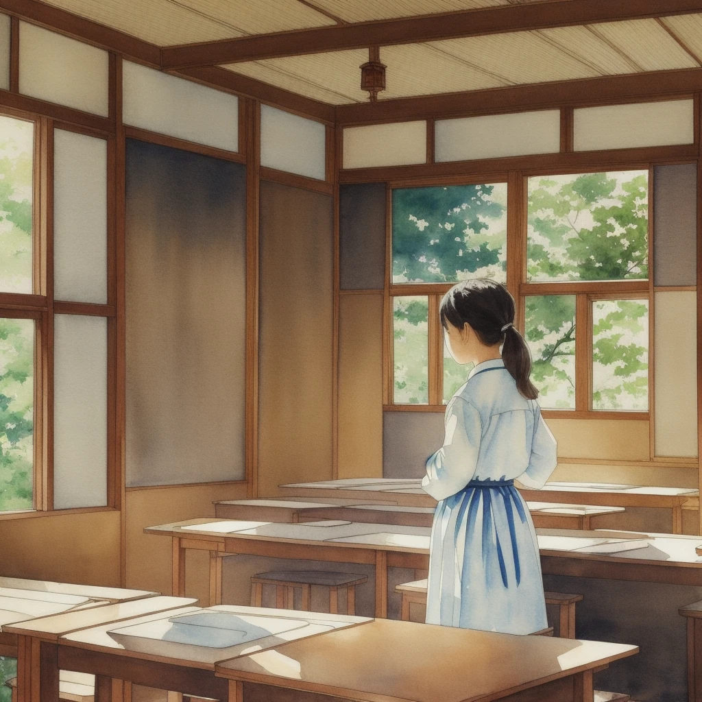 watercolor. detailed. girl, in a Japanese old and beautiful classroom, She is wearing a uniform、It's the first day of school. There is a large window、This room is illuminated by sunlight.。, shade, Colorful --auto --s2