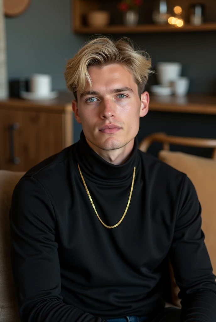 "Photo of a 2 man with mid-fade blonde hair, light blue eyes, and fair skin, sitting in a cozy indoor setting, such as a cafe or modern living room. He is wearing a black turtleneck and a gold necklace, and is relaxed, perhaps holding a cup of coffee or reading a book next to him. The natural light in the room gently illuminates his face, creating a natural and authentic atmosphere. The background is sleek and contemporary, with details that complement the relaxed and casual style of the image."