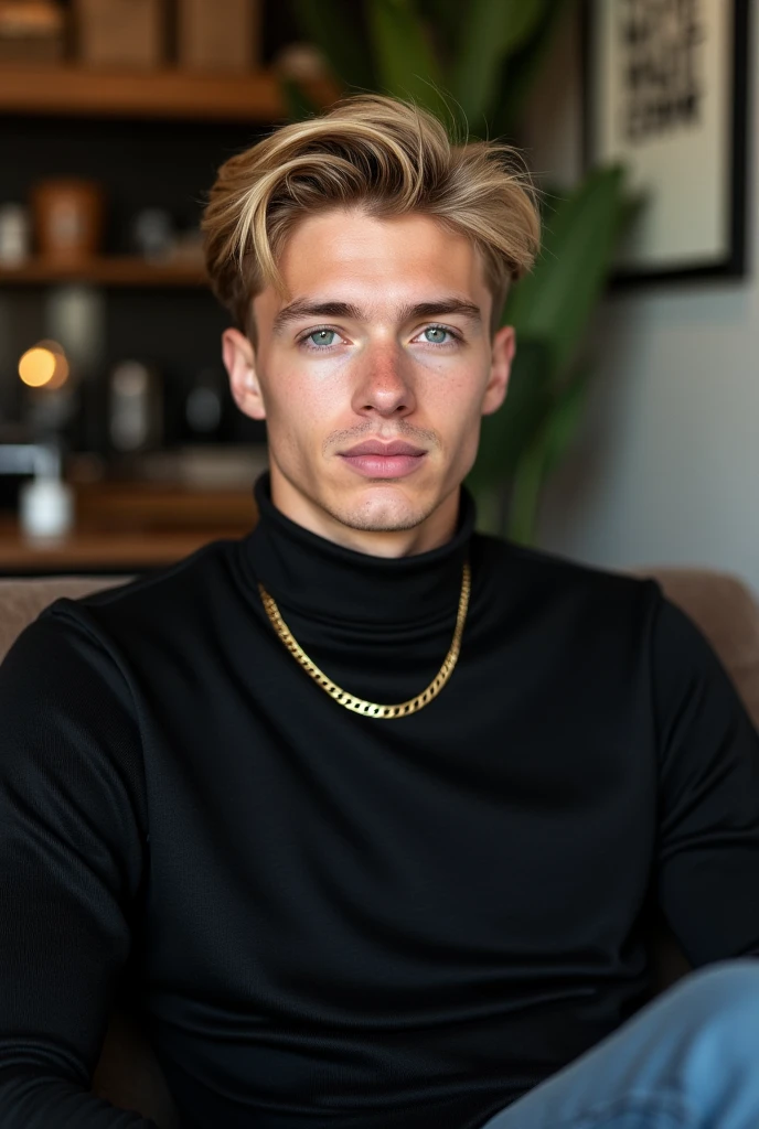"Photo of a 2 man with mid-fade blonde hair, light blue eyes, and fair skin, sitting in a cozy indoor setting, such as a cafe or modern living room. He is wearing a black turtleneck and a gold necklace, and is relaxed, perhaps holding a cup of coffee or reading a book next to him. The natural light in the room gently illuminates his face, creating a natural and authentic atmosphere. The background is sleek and contemporary, with details that complement the relaxed and casual style of the image."