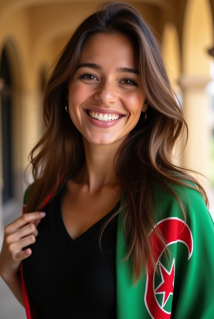 Young woman with long brown hair smiling brightly at camera. She is wearing a black shirt She is holding the Algerian flag scarf on her shoulders Very beautiful and wonderful background