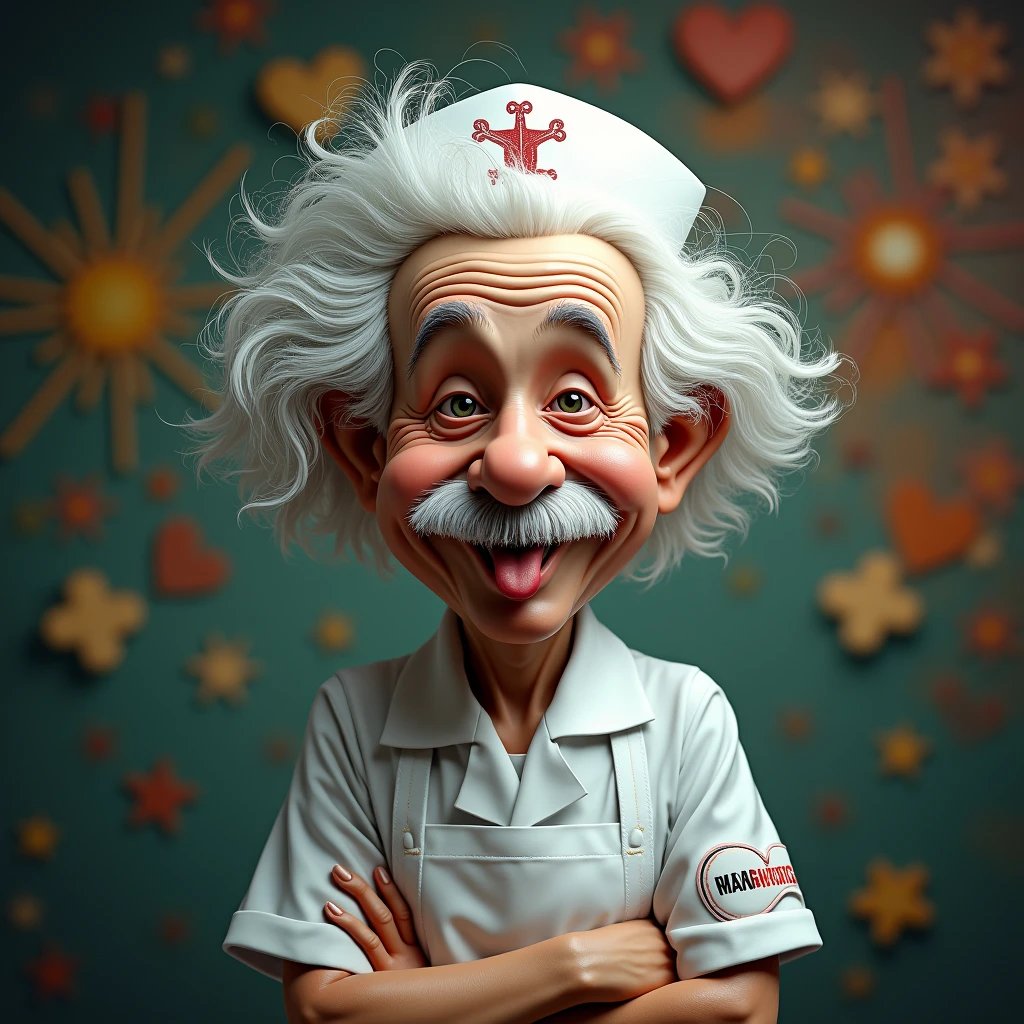 a caricature anime portrait of “Albert Einstein” with his tongue out wearing a ((nurse's uniform)), highly detailed, hyperrealistic, sharp focus, 8k, best quality, photorealistic, dramatic lighting, vibrant colors, whimsical, quirky, creative, humorous, expressive facial features, exaggerated proportions, intricate details, dynamic composition