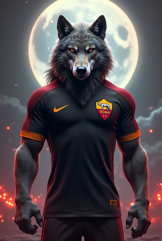 Design a wolf with the ROMA black alternate jersey, imposing, strong, dinga image and special as a cover photo as for a vs. Surreal image,  3d professional looking sideways as if for a versus similar to a boxing portal