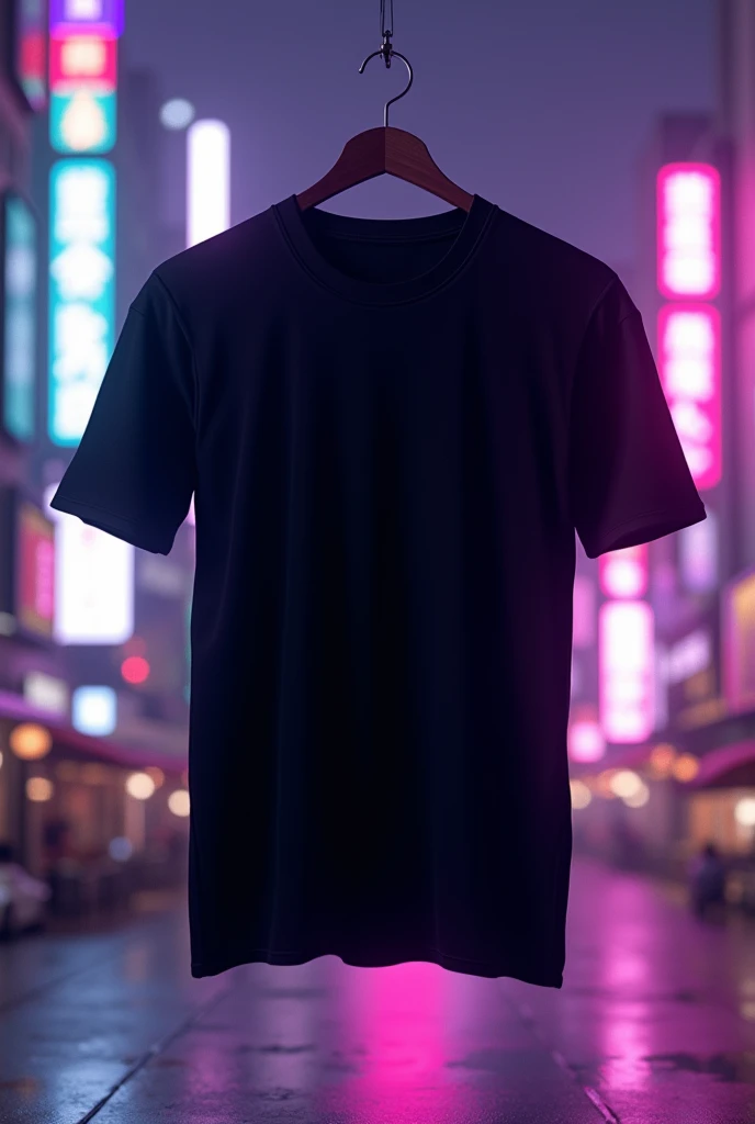 The back of a floating 3D black t-shirt with a background of downtown Tokyo at night with buildings and shops with purple neon lights highlighted